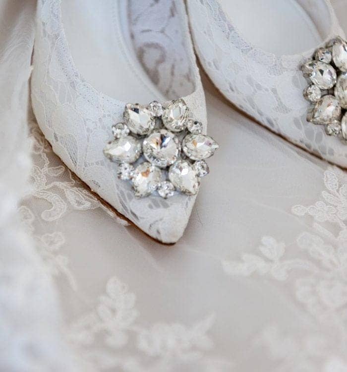 White wedding dress and white wedding shoes