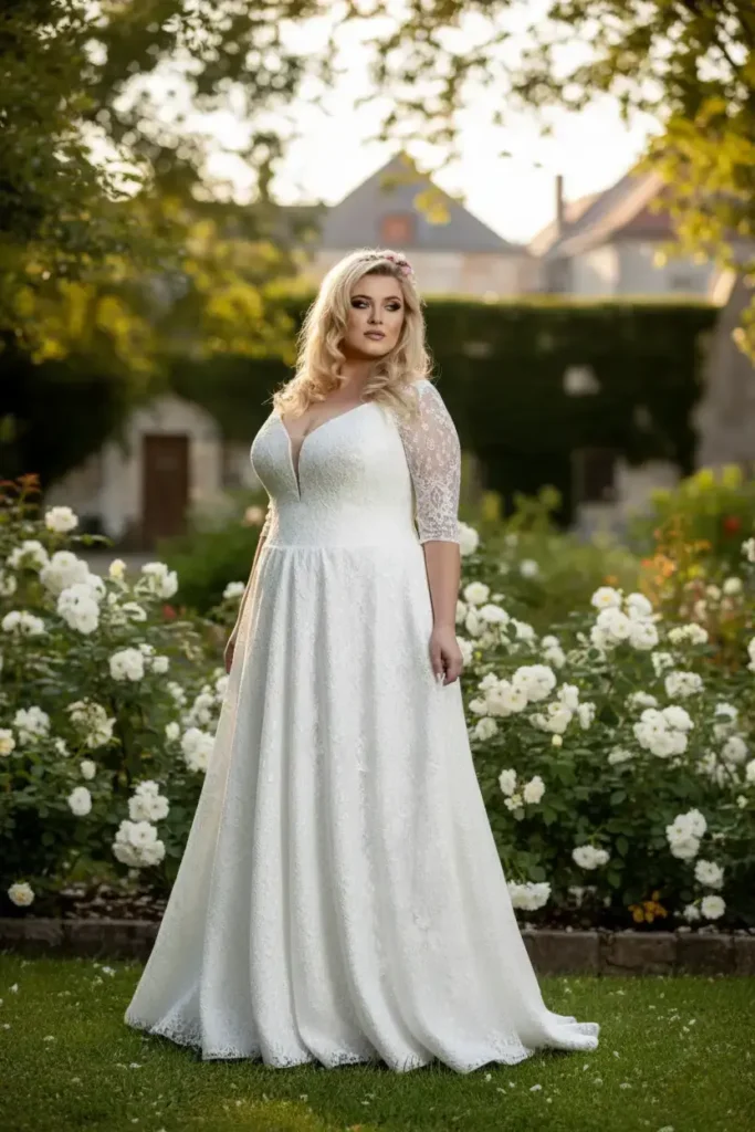 Kobieta w długiej białej sukni ślubnej plus size wśród kwitnących krzewów