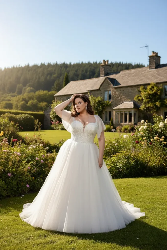 Kobieta w białej sukni ślubnej plus size stojąca w ogrodzie przed domem
