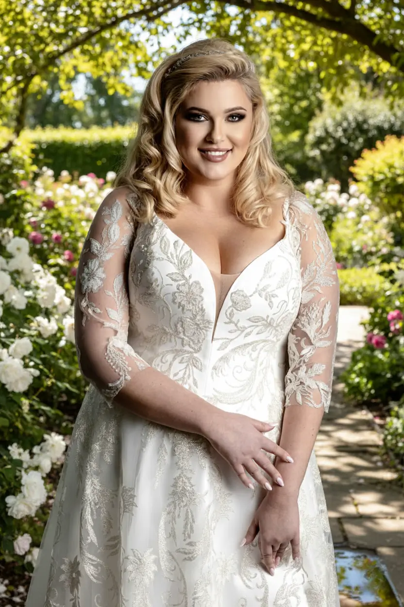 Zbliżenie na g&oacute;rę sukni ślubnej plus size z koronkowymi rękawami