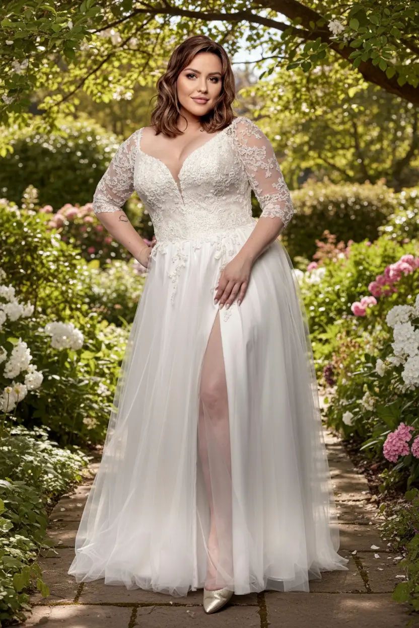 Kobieta w sukni ślubnej plus size z rozcięciem na nodze w ogrodzie