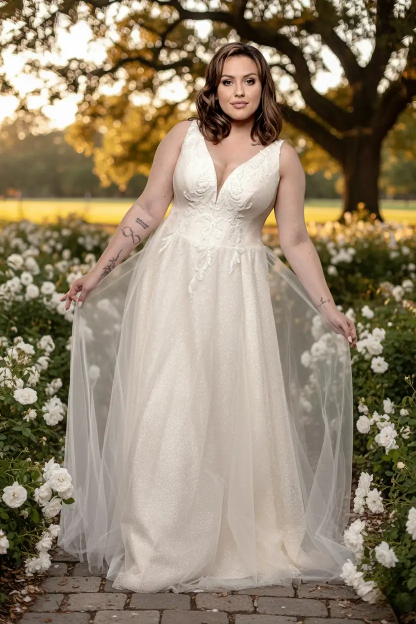 Kobieta w jasnej sukni ślubnej plus size trzymająca sp&oacute;dnicę w plenerze