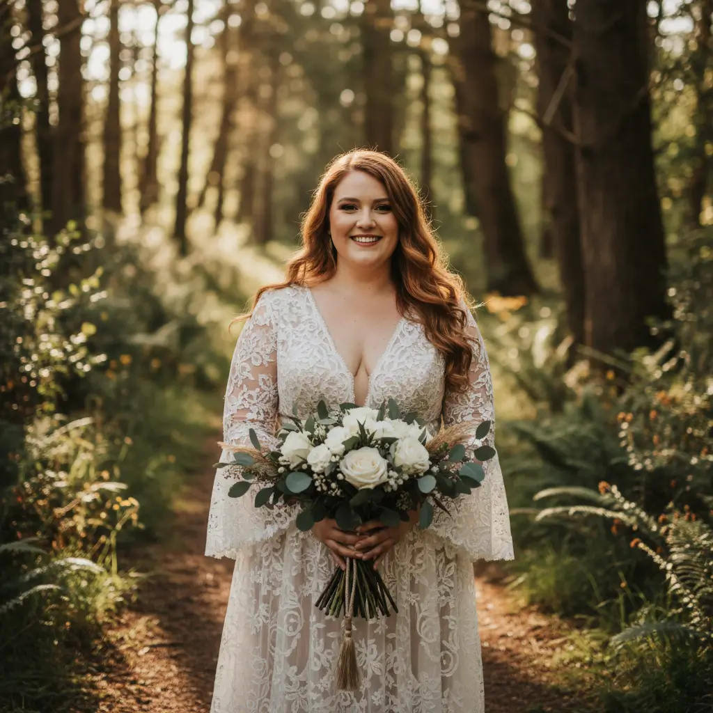 Kobieta w koronkowej sukni ślubnej boho plus size z bukietem, stojąca w lesie