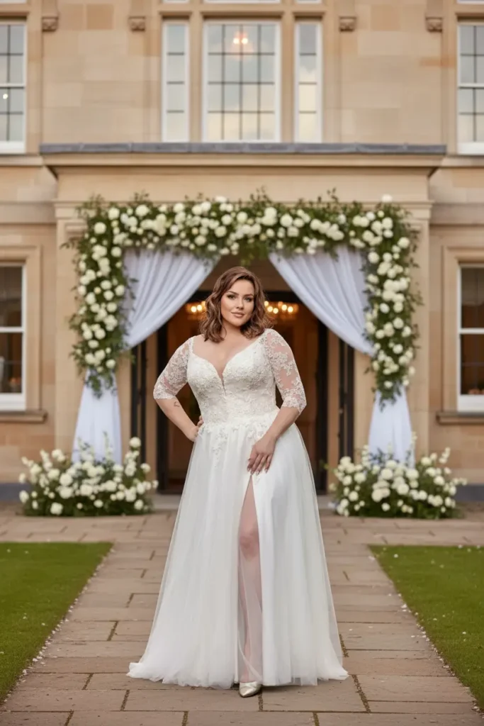 Kobieta w nowoczesnej sukni ślubnej plus size stojąca przed dekorowanym wejściem