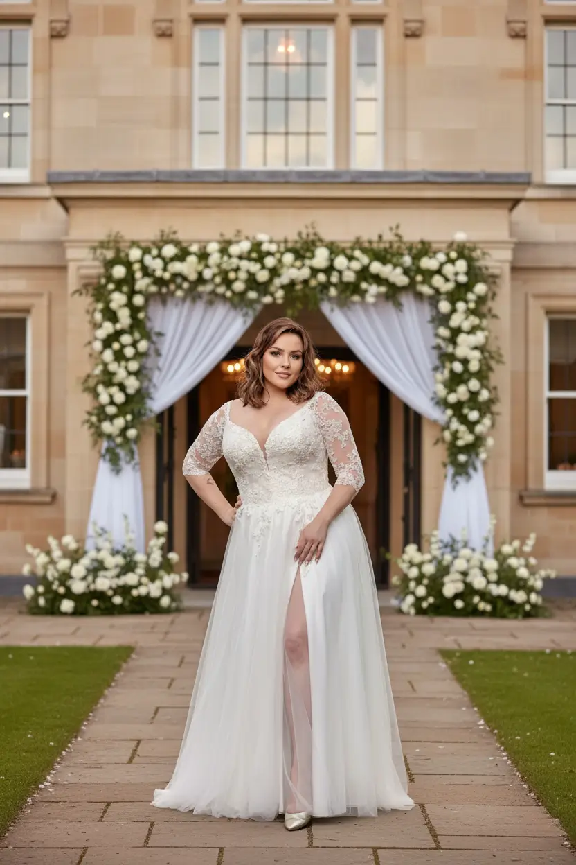 Kobieta w nowoczesnej sukni ślubnej plus size stojąca przed dekorowanym wejściem