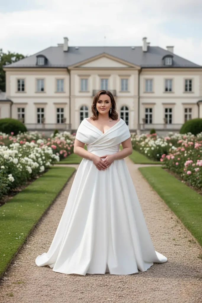 Kobieta w klasycznej sukni ślubnej plus size stojąca na ogrodowej ścieżce