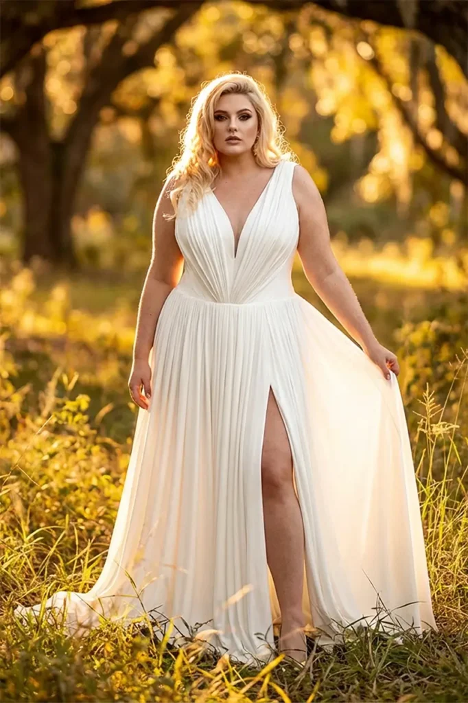 Sukienka na poprawiny dla Młodej Plus Size w modnym fasonie, jasna elegancka kreacja