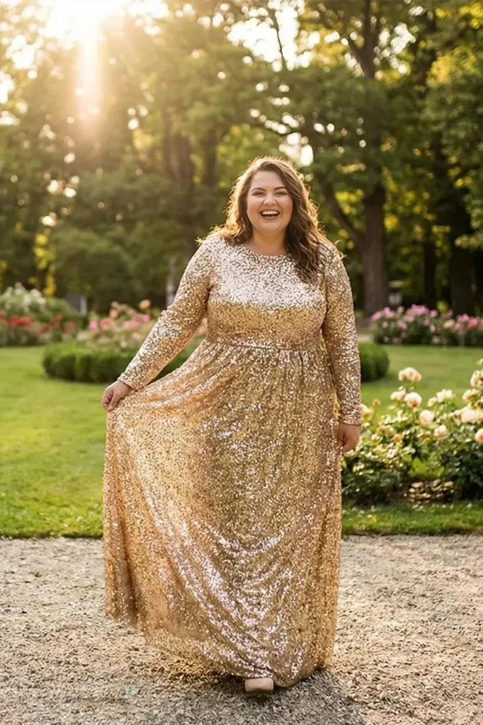 Długa suknia wieczorowa plus size z długim rękawem &ndash; elegancka kreacja dla puszystych