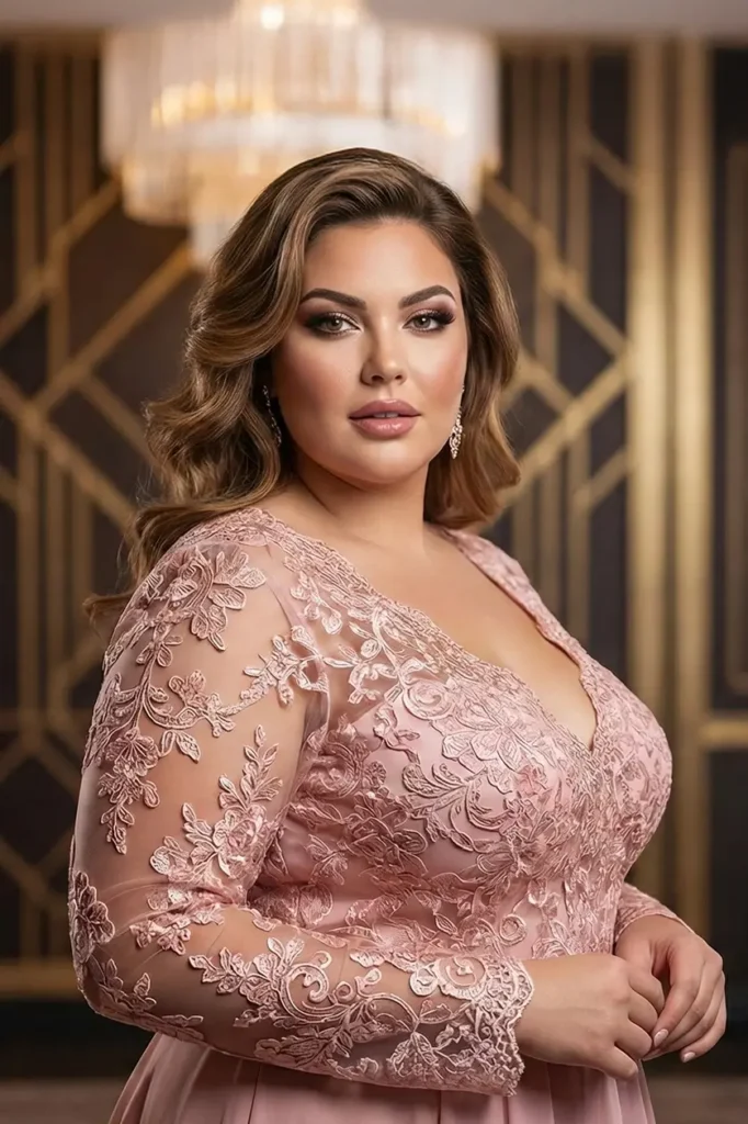 Suknia wieczorowa plus size z długim koronkowym rękawem &ndash; elegancki fason dla puszystych