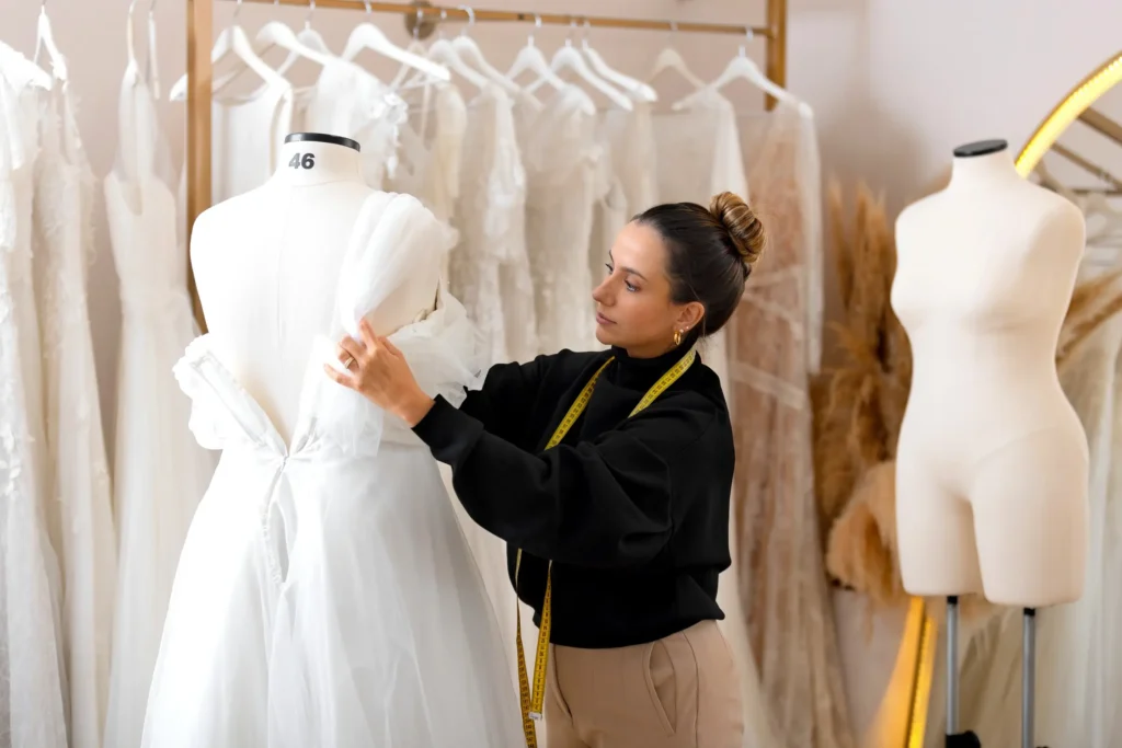 Kobieta dopasowująca suknię ślubną na manekinie w pracowni