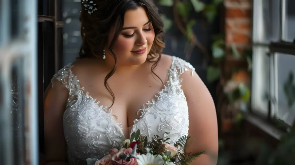 Kobieta w koronkowej sukni ślubnej plus size z głębokim dekoltem, trzymająca bukiet kwiat&oacute;w