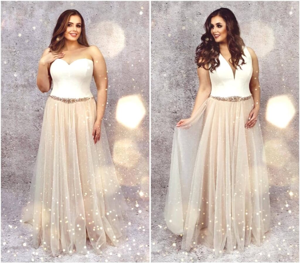 Półwypożyczenie sukni ślubnej plus size – różne góry sukni i te same doły